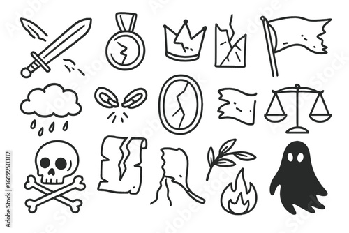 Infamous Deeds Symbols. Hand-drawn doodle illustration infamous deeds broken sword, cracked medal, fallen crown, shattered glass,