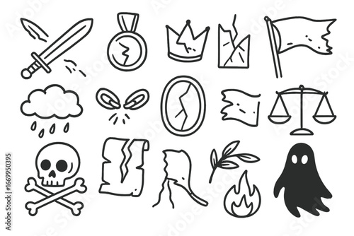 Infamous Deeds Symbols. Hand-drawn doodle illustration infamous deeds broken sword, cracked medal, fallen crown, shattered glass,