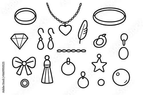 Jewelry Doodle Icons. Hand-drawn doodle illustration metal jewelry silver ring, gold necklace, bracelet, earrings, gemstone, clasp