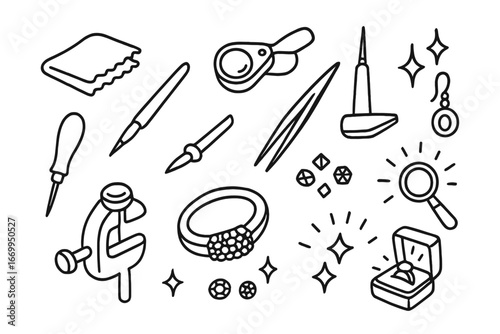 Jewelry Crafting Tools. Hand-drawn doodle illustration pave setting tiny prongs, gemstones, ring band, tweezers, jeweler’s loupe,