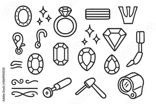 Jewelry Doodle Icons. Hand-drawn doodle illustration jewelry bezel gemstone, ring band, metal setting, prongs, clasp, sparkle