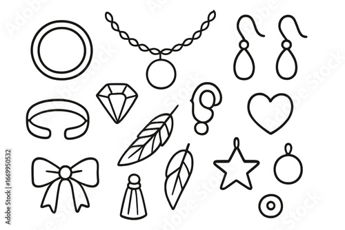 Jewelry Doodle Icons. Hand-drawn doodle illustration metal jewelry silver ring, gold necklace, bracelet, earrings, gemstone, clasp
