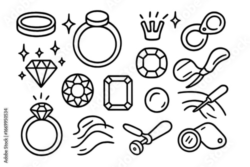 Jewelry Doodle Icons. Hand-drawn doodle illustration jewelry bezel gemstone, ring band, metal setting, prongs, clasp, sparkle
