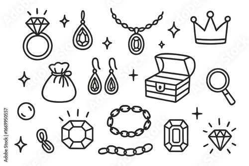 Jewelry Doodle Collection. Hand-drawn doodle illustration jewelry and gemstones diamond ring, sapphire necklace, ruby pendant,