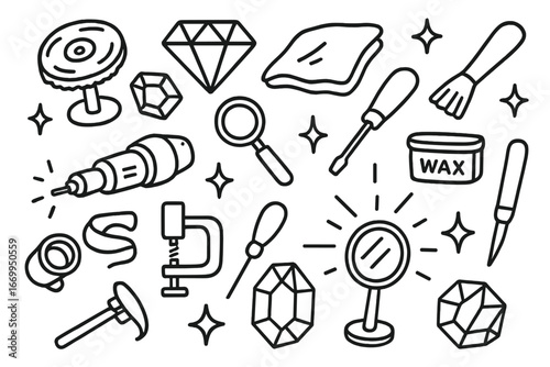 Jewelry Tools Doodle Icons. Hand-drawn doodle illustration jewelry refine polishing wheel, diamond, polishing cloth, jeweler’s