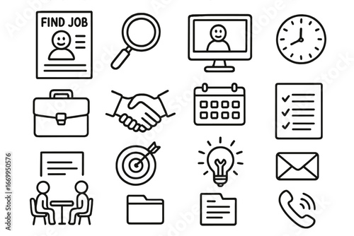 Job Hunt Essentials. Hand-drawn doodle illustration find job resume, magnifying glass, computer screen, briefcase, handshake,