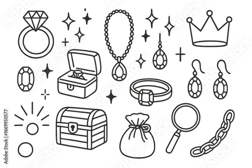 Jewelry Doodle Collection. Hand-drawn doodle illustration jewelry and gemstones diamond ring, sapphire necklace, ruby pendant,