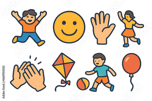 Joyful Children's Icons. Flat vector mini-illustrations joyful moments in colors children's illustrations: jumping child, smiling