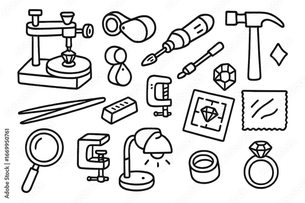 Obraz premium Lapidary Tools Illustration. Hand-drawn doodle illustration lapidary tools faceting machine, polishing wheel, loupe, cutting tool,