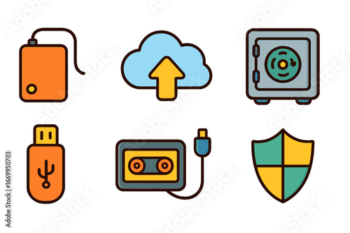 Kids' Tech Icons. Flat vector mini-illustrations server backup in colors children's illustrations: external hard drive, cloud