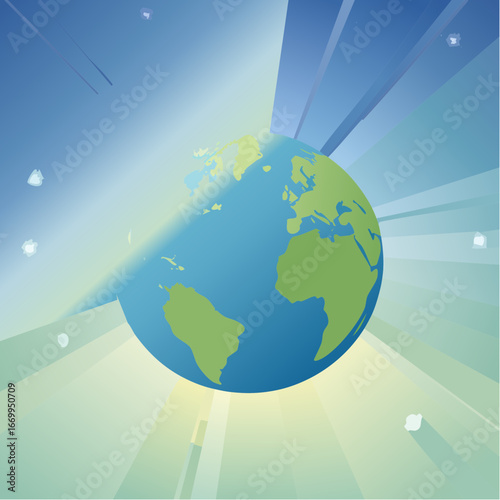 Planet earth illustration with light rays in a space