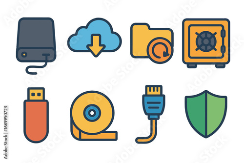 Kids' Tech Icons. Flat vector mini-illustrations server backup in colors children's illustrations: external hard drive, cloud