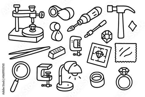 Lapidary Tools Illustration. Hand-drawn doodle illustration lapidary tools faceting machine, polishing wheel, loupe, cutting tool,