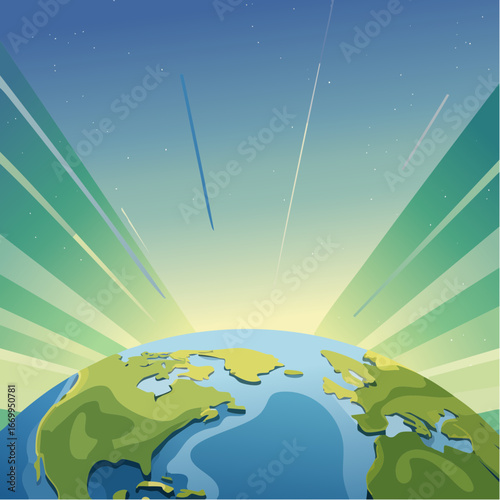Planet earth illustration with light rays in a space