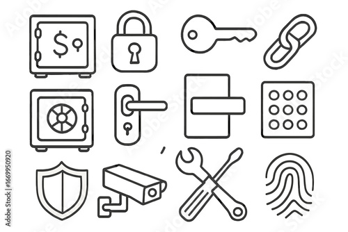 Lockbox Security Icons. Hand-drawn doodle illustration lockbox lockbox, padlock, key, chain, safe, handle, bolt, keypad, shield,