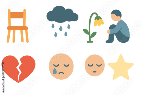 Lonely Icons Grid. Flat vector mini-illustrations isolation and loneliness in colors children's illustrations: empty chair, dark