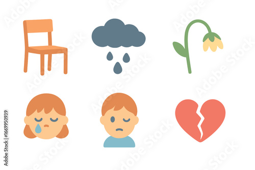 Lonely Icons Grid. Flat vector mini-illustrations isolation and loneliness in colors children's illustrations: empty chair, dark