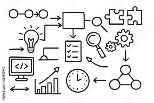 Logical Flowchart Doodles. Hand-drawn doodle illustration logic scheme flowchart, arrows, nodes, puzzle pieces, gears, light bulb,