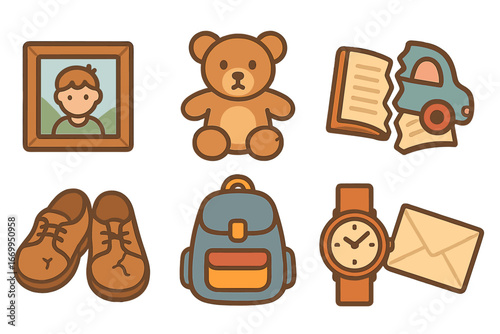 Lost Belongings Icons. Flat vector mini-illustrations personal belongings after loss of home in colors children's illustrations: