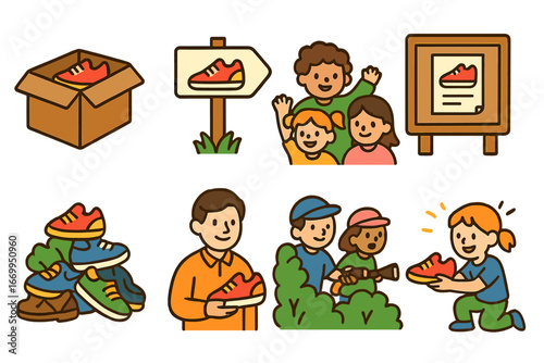 Lost Shoe Adventure. Flat vector mini-illustrations shoe lost and found in colors children's illustrations: lost and found box,