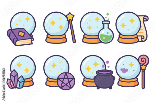 Magical Crystal Ball Icons. Flat vector mini-illustrations crystal ball and magic tools in colors children's illustrations: