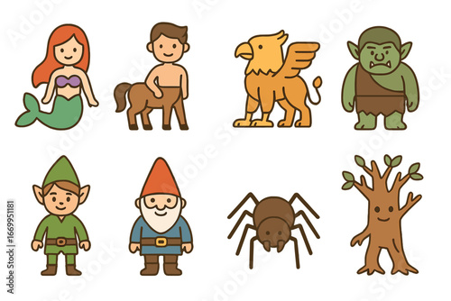 Magical Creatures Grid. Flat vector mini-illustrations fairy tale magical creatures in colors children's illustrations: mermaid,