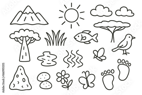 Malawian Nature Doodles. Hand-drawn doodle illustration Malawian nature and landscape mountain, baobab tree, river, sun, clouds,