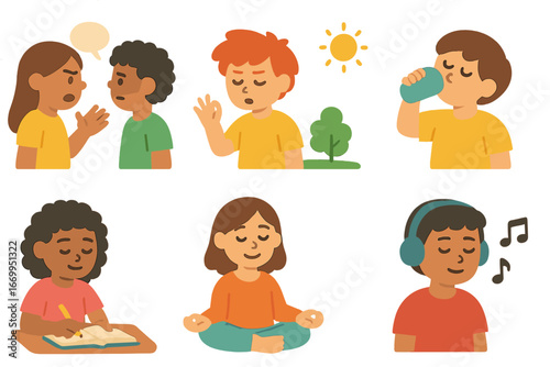 Managing Anger for Kids. Flat vector mini-illustrations managing anger in colors children's illustrations: talking it out,
