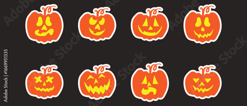 Colored Halloween Pumpkin Sticker Sheet on Dark Background