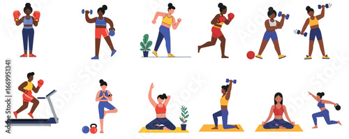 Women fitness workout exercise activity vector set