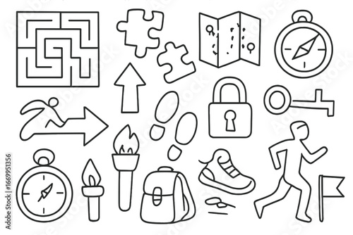 Maze Puzzle Adventure Icons. Hand-drawn doodle illustration maze puzzle maze walls, puzzle pieces, map, compass, arrow, footprints