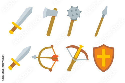 Medieval Weapon Icons. Flat vector mini-illustrations medieval weapons in colors children's illustrations: sword, axe, mace, spear