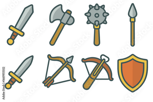 Medieval Weapon Icons. Flat vector mini-illustrations medieval weapons in colors children's illustrations: sword, axe, mace, spear