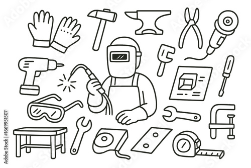 Metalwork Tools Doodle. Hand-drawn doodle illustration metalworker welding torch, hammer, anvil, pliers, grinder, wrench, metal