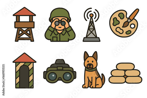 Military Observation Icons. Flat vector mini-illustrations military observation in colors children's illustrations: watchtower,