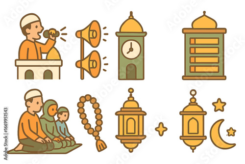 Minaret Illustrated Icons. Flat vector mini-illustrations minaret call to prayer in colors children's illustrations: muezzin with