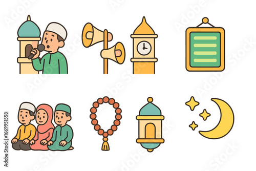 Minaret Illustrated Icons. Flat vector mini-illustrations minaret call to prayer in colors children's illustrations: muezzin with