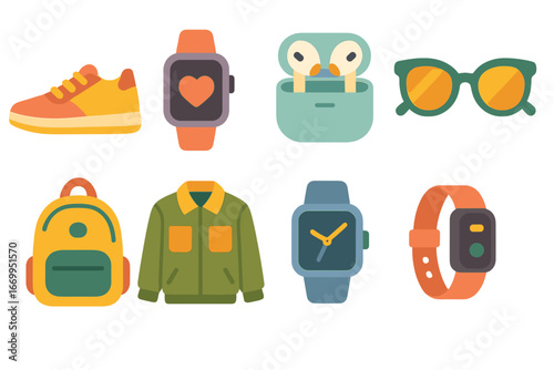 Modern Fashion Icons. Flat vector mini-illustrations modern fashion in colors children's illustrations: sneakers, smart watch,