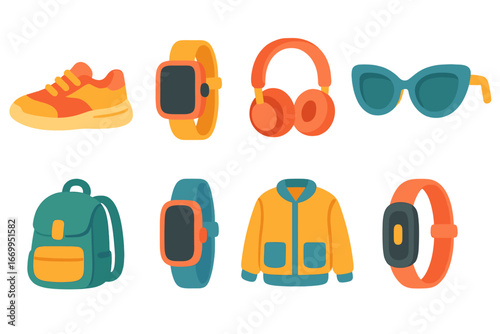 Modern Fashion Icons. Flat vector mini-illustrations modern fashion in colors children's illustrations: sneakers, smart watch,