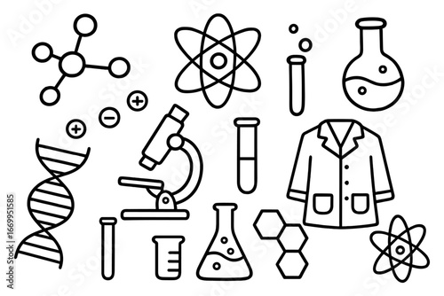 Molecular Science Doodles. Hand-drawn doodle illustration molecular structure molecule, atoms, bonds, electrons, nucleus, chemical
