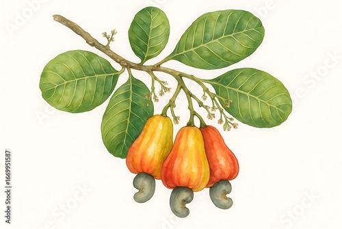 Cashew tree branch with ripe cashew fruits and leaves in a botanical illustration style