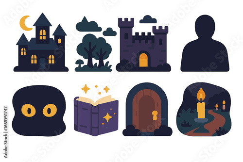 Mystical Icons for Kids. Flat vector mini-illustrations darkness and stories in colors children's illustrations: haunted house,
