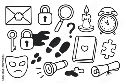 Mystery Icon Collection. Hand-drawn doodle illustration secret mystery envelope, key, lock, magnifying glass, shadow, question