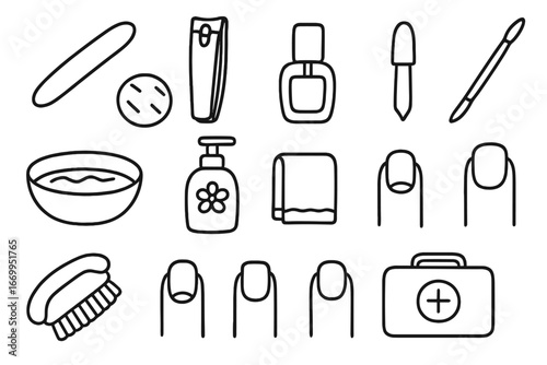 Nail Care Essentials. Hand-drawn doodle illustration nail care nail file, nail clipper, nail buffer, polish bottle, cotton pad,