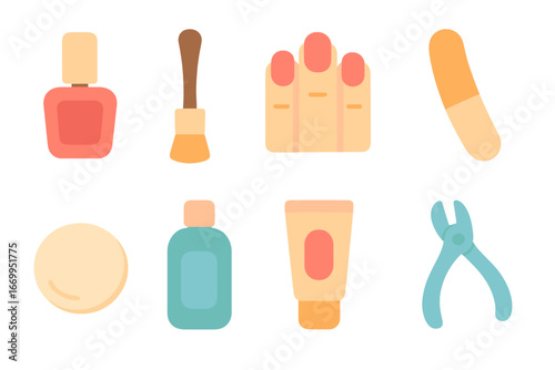 Nail Care Icons. Flat vector mini-illustrations polish in colors children's illustrations: nail polish bottle, nail brush, painted