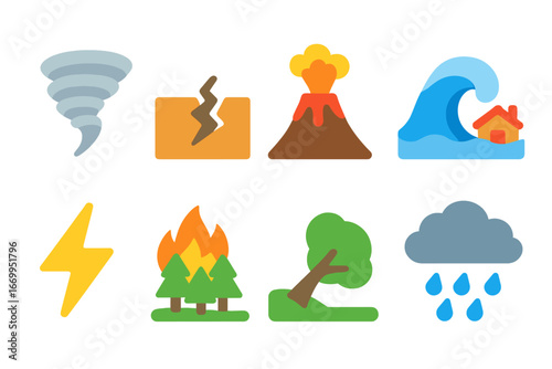 Natural Disasters Icons. Flat vector mini-illustrations natural disaster in colors children's illustrations: tornado, earthquake