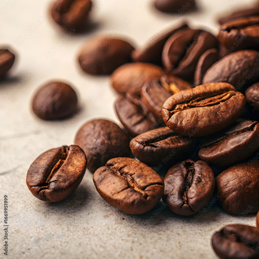 Naklejka premium Roasted coffee beans in air brown coffee beans aromatic coffee beans closeup co