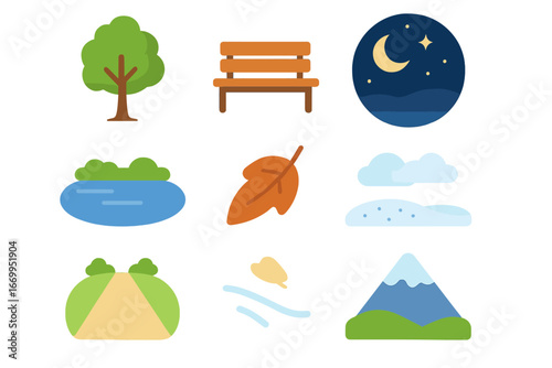 Nature's Quiet Moments. Flat vector mini-illustrations loneliness and nature in colors children's illustrations: single tree,