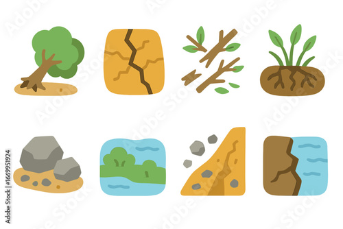 Nature's Wrath Illustrated. Flat vector mini-illustrations wreck and nature damage in colors children's illustrations: fallen tree