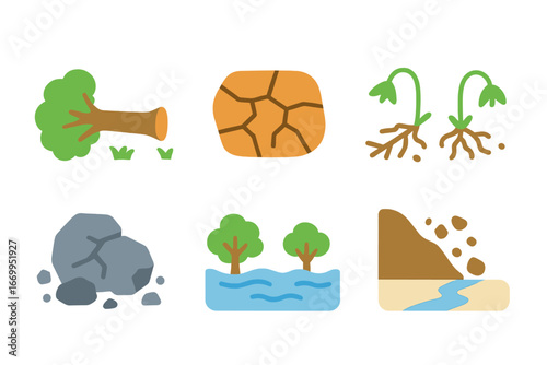 Nature's Wrath Illustrated. Flat vector mini-illustrations wreck and nature damage in colors children's illustrations: fallen tree